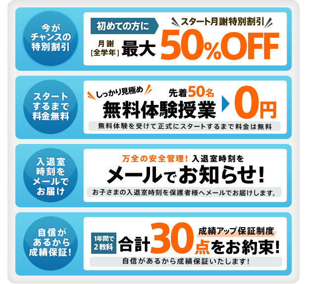 初めての方に月謝 最大 [全学年] 50％OFF 先着50名無料体験授業